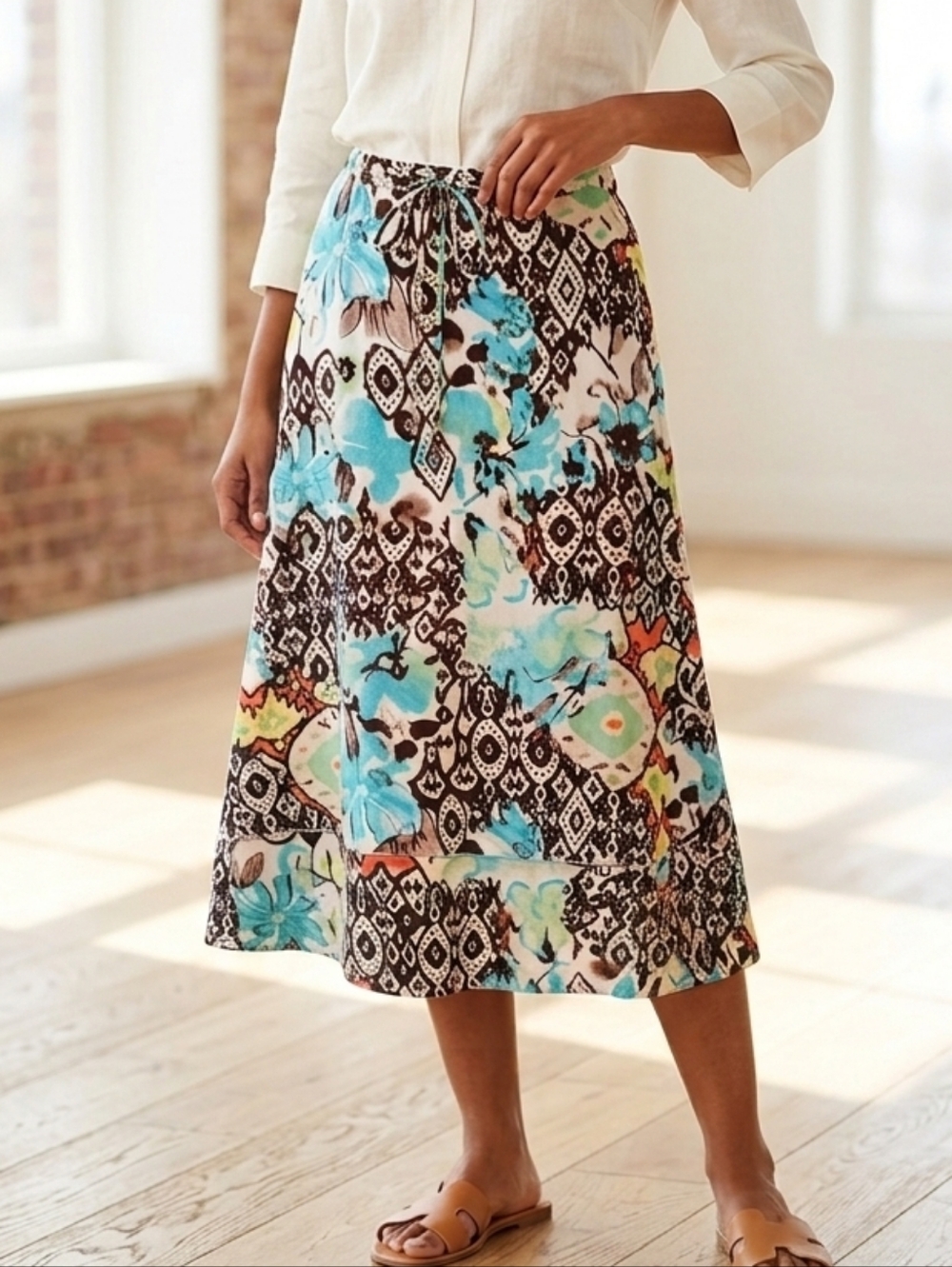 Colorful Vintage Boho Abstract Floral Print 100% Linen Skirt Size L